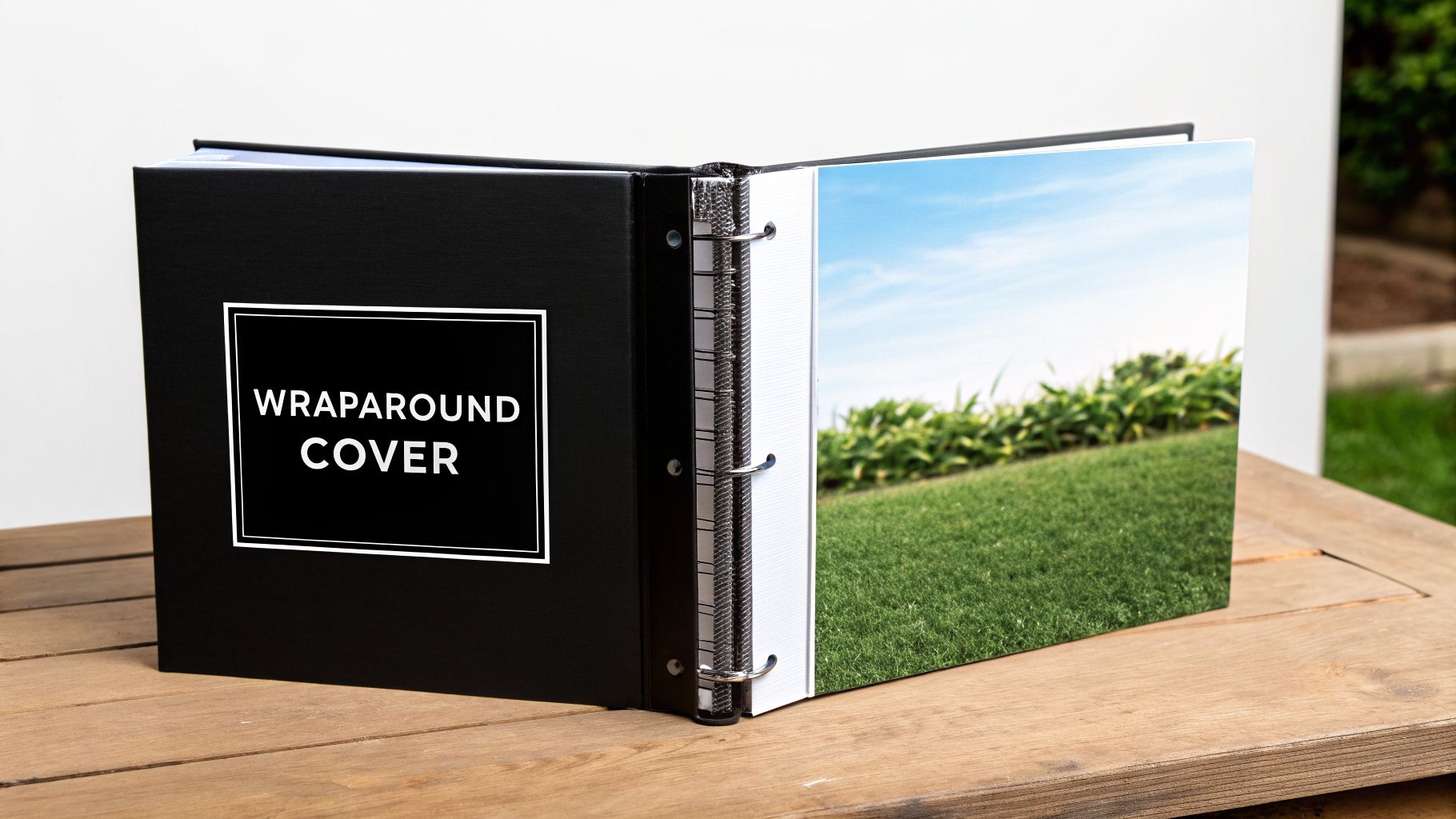 An open black binder on a wooden table. The left cover says 'WRAPAROUND COVER' and the right page shows a grassy field.