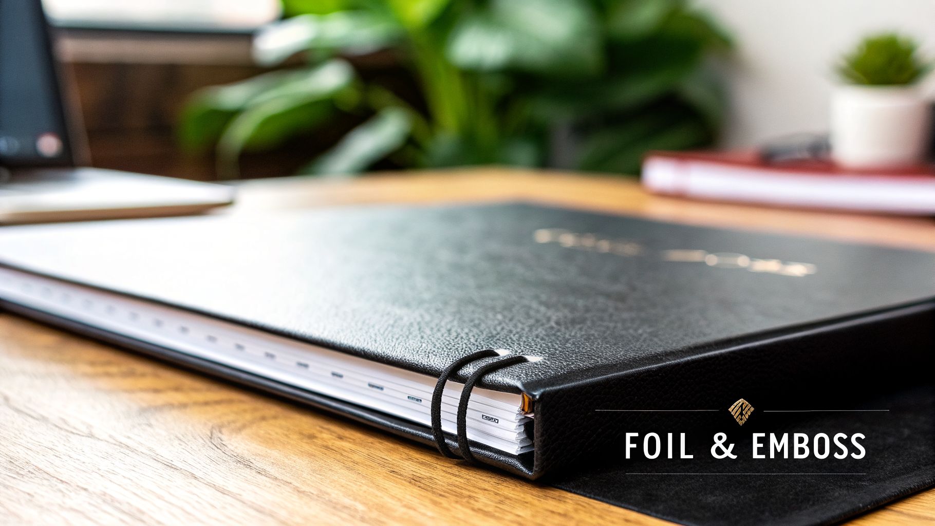 Stylish black binder with gold foil lettering and elastic closure on a rustic wooden desk.