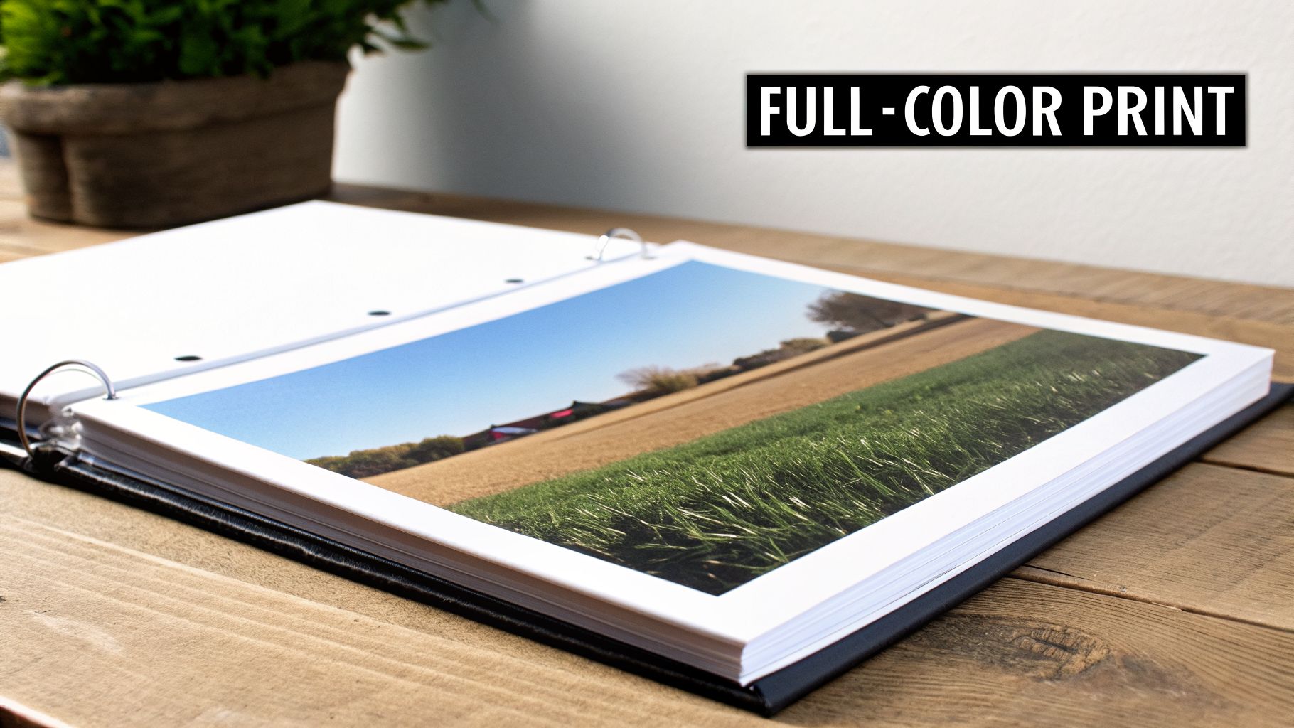 An open black binder on a wooden table displaying a vibrant full-colour landscape photograph print.