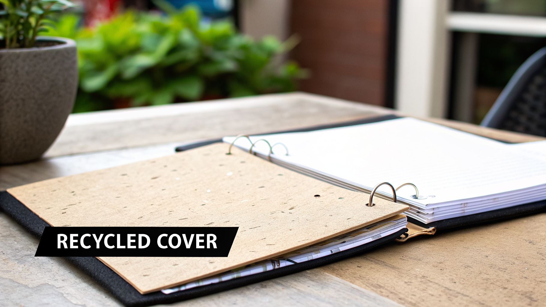 An open binder with a recycled, textured cover sits on a wooden table outdoors.
